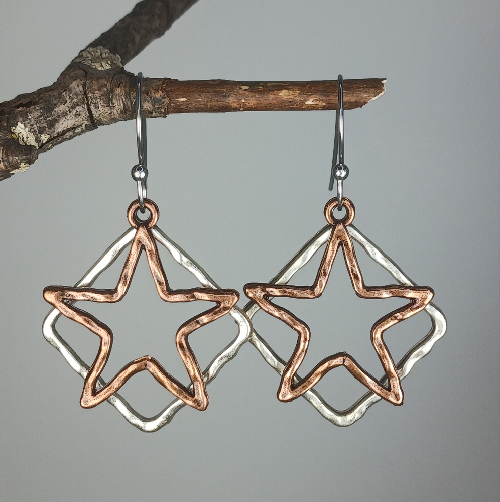 HAND CRAFTED EARRINGS Boho Celestial Copper Star Silver Mixed Metal Dangle Drop - Picture 3 of 6